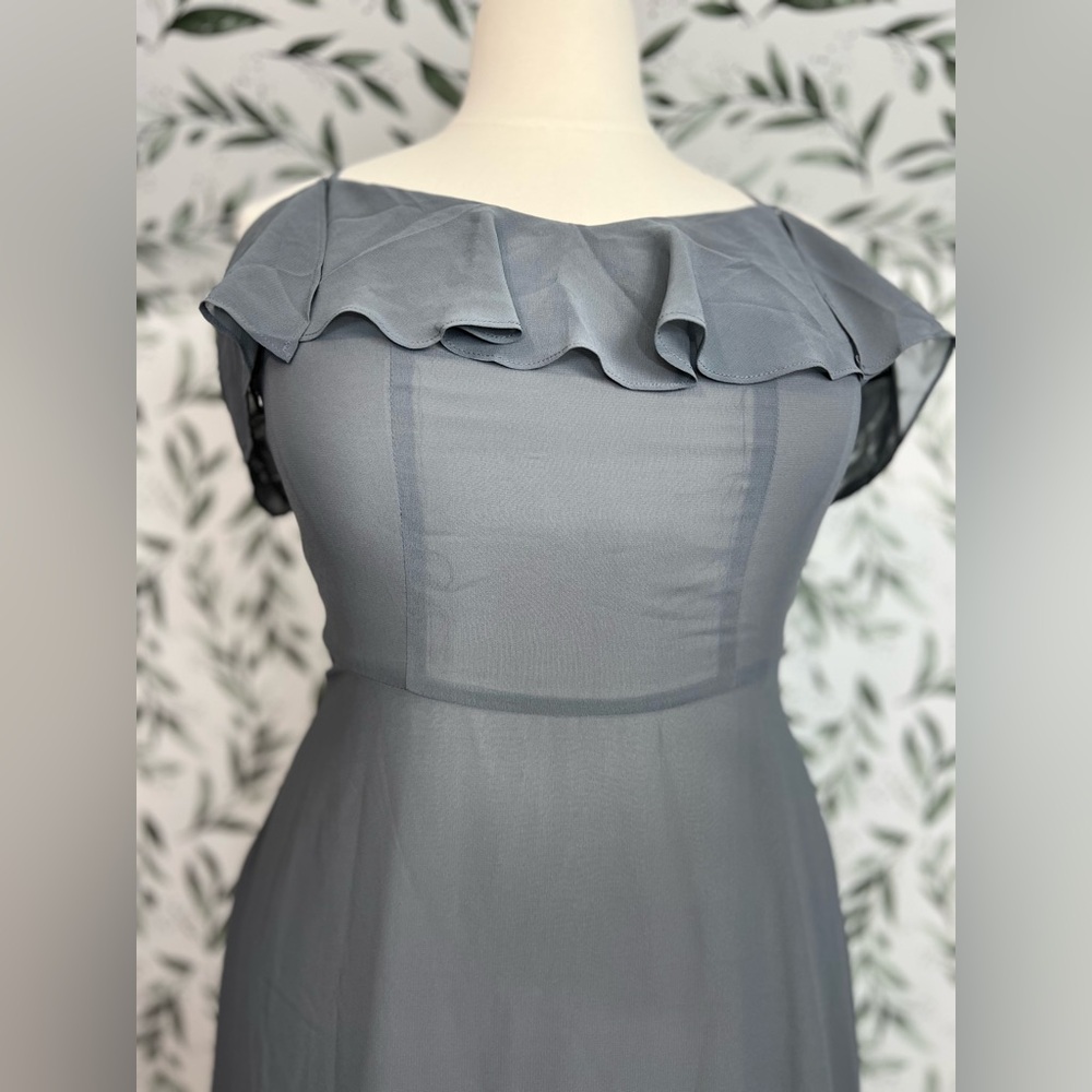 Gray Off-Shoulder Ruffle Formal Gown Maxi Dress Sz 14 L Evening Prom Wedding #4 - Picture 10 of 13